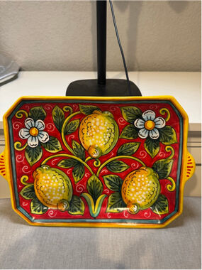 Sberna Deruta Serveware Tray with Lemons and Flowers, Red/Yellow 11.5”x8”
